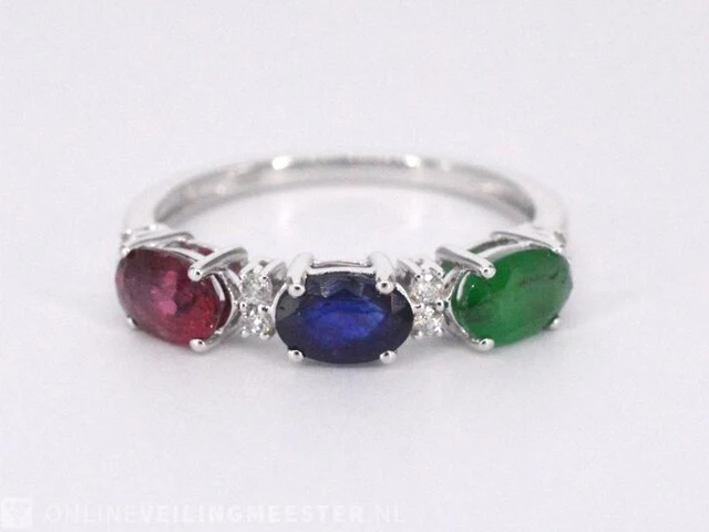 Witgouden ring met diamanten, saffier, robijn en smaragd - afbeelding 6 van  9