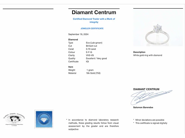 Witgouden ring met een briljant geslepen diamanten van 0.70 carat - afbeelding 3 van  7