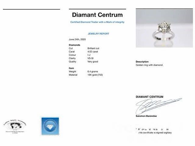 Witgouden ring met een grote briljant geslepen diamant van 4.02 carat - afbeelding 7 van  7