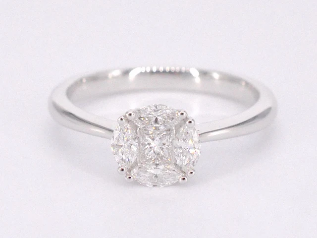 Witgouden ring met prinses en marquise geslepen natuurlijke diamanten - afbeelding 8 van  11