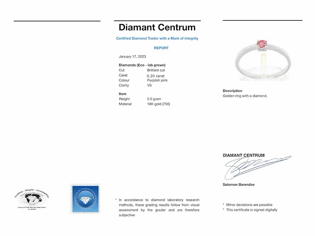 Witgouden ring met roze diamant (gecertificeerd) - afbeelding 4 van  10