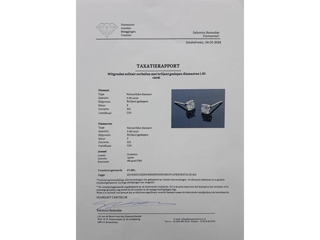Witgouden solitair oorbellen met briljant geslepen diamanten ( gia gecertificeerd ) - afbeelding 9 van  9