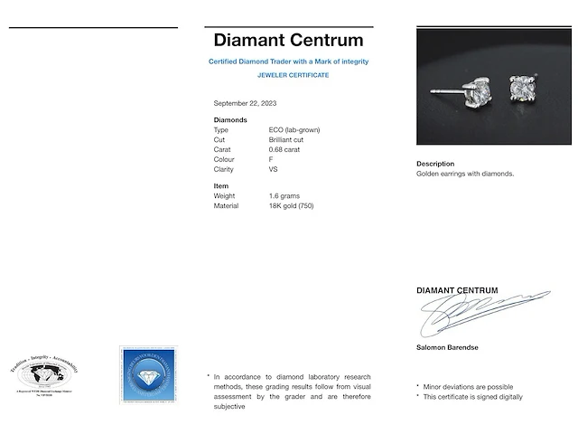 Witgouden solitair oorbellen met diamant 0.68 carat - afbeelding 3 van  8