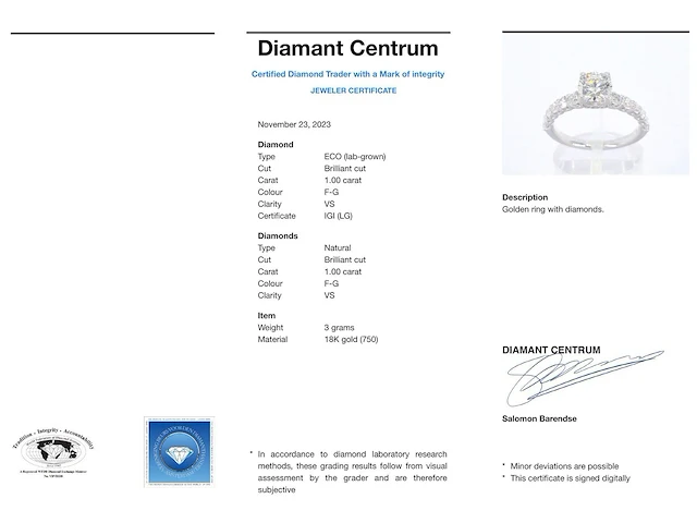 Witgouden solitair ring met 1.00 carat briljant geslepen middensteen en briljant diamanten - afbeelding 1 van  9