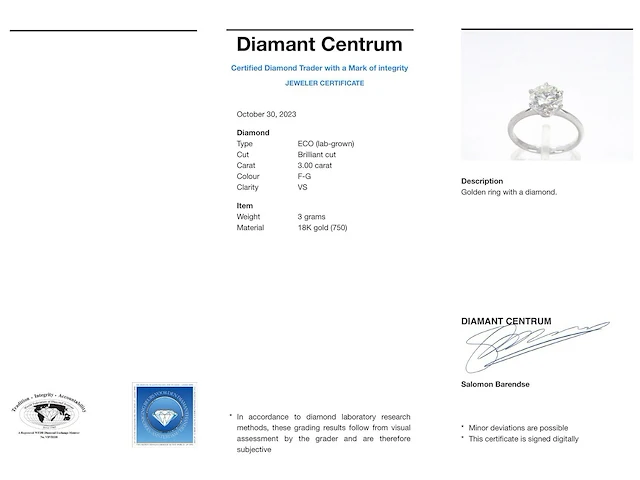 Witgouden solitair ring met 3.00 carat briljant geslepen diamant - afbeelding 4 van  10
