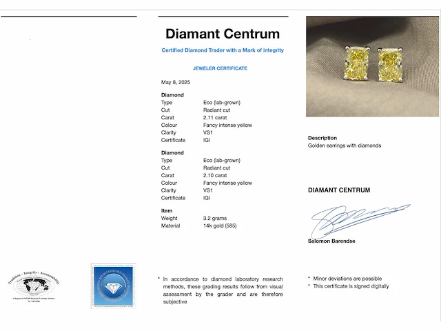 Witgouden solitaire oorbellen met gele kussenvorm geslepen diamanten van totaal 4.21 carat - afbeelding 6 van  12
