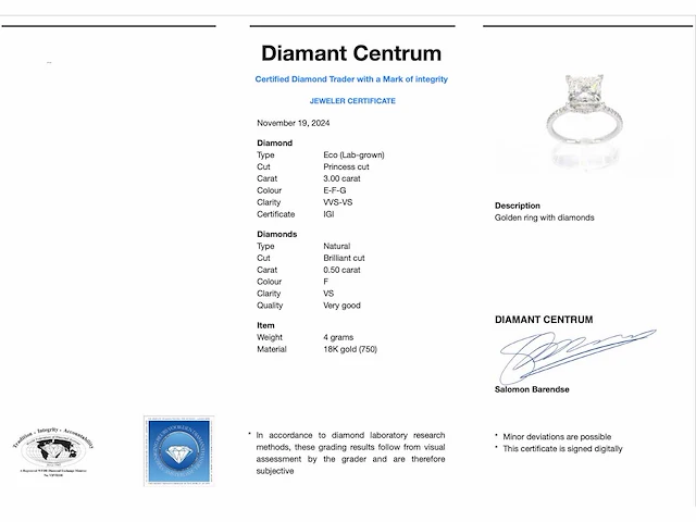 Witgouden solitaire ring met een grote prinses geslepen diamant van 3.00 carat - afbeelding 3 van  9