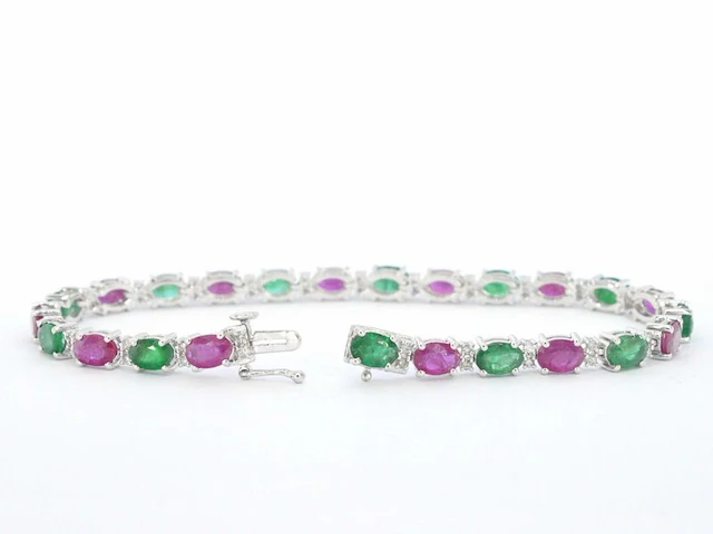 Witgouden tennisarmband met diamanten en smaragd en robijn - afbeelding 4 van  8