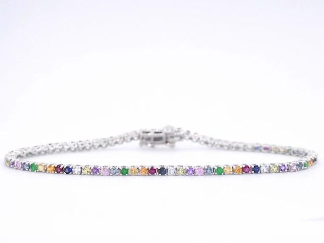 Witgouden tennisarmband met multi colour edelstenen - afbeelding 1 van  12
