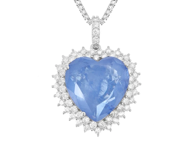 Witte hanger met een grote saffier blauw gekleurde hartvorm edelsteen en witte briljanten excl. ketting - afbeelding 1 van  10
