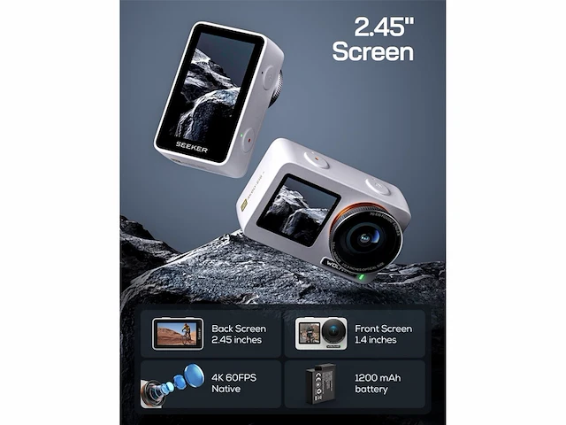 Wolfgang seeker one wit waterdichte actiecamera met 4k60fps ultra hdvideo dual screen kleurendisplay - afbeelding 2 van  5