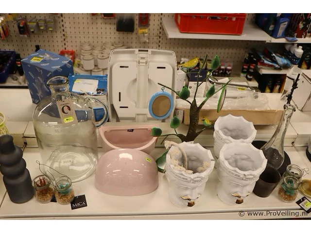 Woondecoratie bestaande uit o.a. glazen karaf, vaas & bloempotten - afbeelding 1 van  4