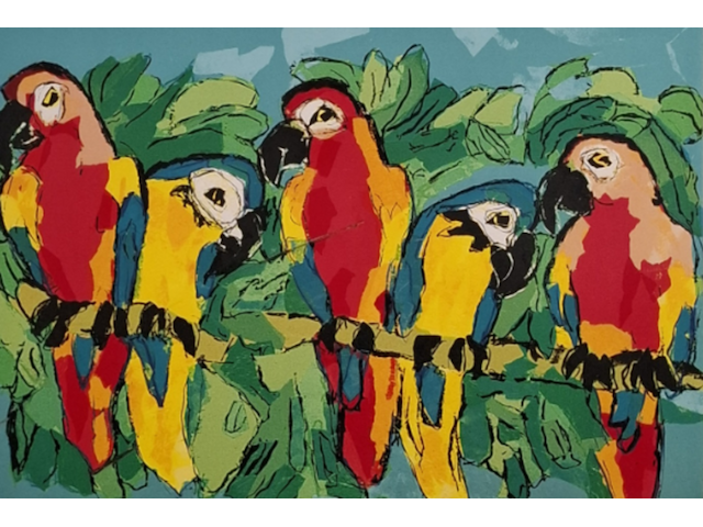 Zeefdruk, maya wildevuur (1944-2023), papegaaien, 1997 - afbeelding 1 van  10
