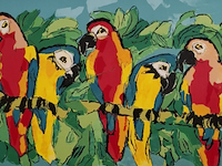 Zeefdruk, maya wildevuur (1944-2023), papegaaien, 1997