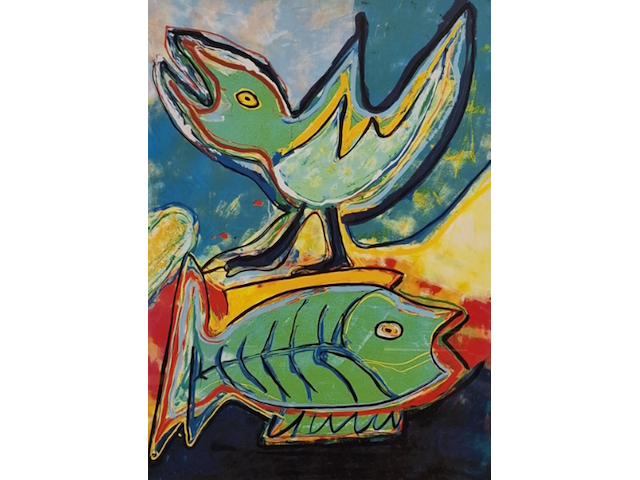 Zeefdruk, maya wildevuur (1944-2023), vogel vis, 1994 - afbeelding 1 van  10