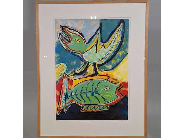 Zeefdruk, maya wildevuur (1944-2023), vogel vis, 1994 - afbeelding 3 van  10