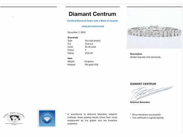 Zeer exclusieve tennisarmband met grote ovaal geslepen diamanten van 25.46 carat totaal - afbeelding 3 van  9