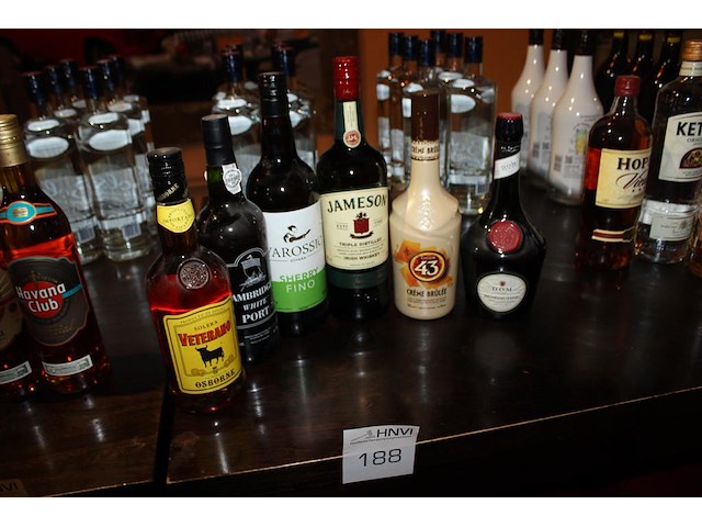 Zes alcohol houdende dranken w.o. jameson whiskey, licor 43 creme brulee, dom benedictine en osborne - afbeelding 1 van  2