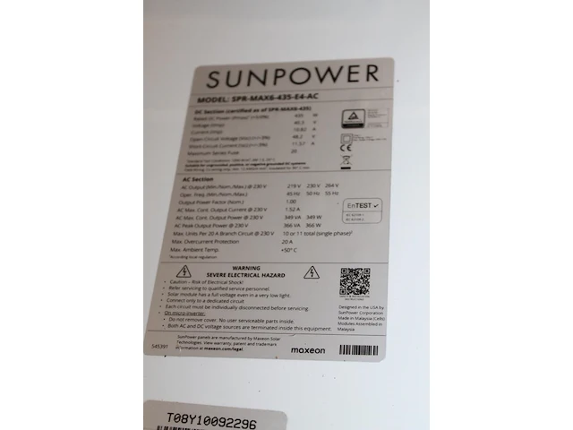 Zonnepanelen sunpower spr-max6-435-e4-ac. 15 stuks voorzien van omvormer enphase iq7a. afmeting 103 x187 cm. - afbeelding 7 van  7