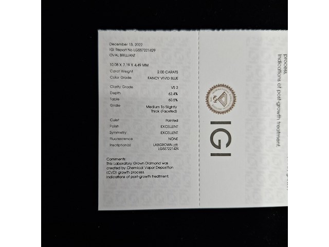 1= diamant, 2.009 karaat (gecertificeerd) , fancy vivid blue (lg584377897) - afbeelding 9 van  9