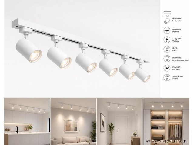 10 x 1-fase railverlichting set – 2 meter – wit – inclusief 6 x gu10 railspots - afbeelding 1 van  5