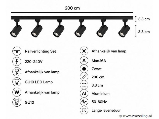 10 x 1-fase railverlichting set – 2 meter – zwart – inclusief 6 x gu10 railspots - afbeelding 4 van  5