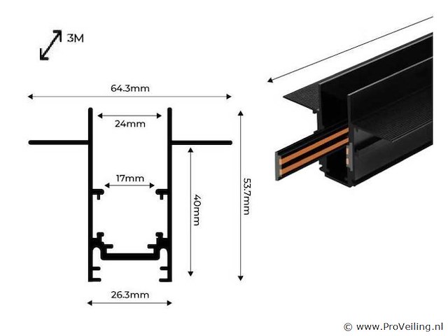 10 x inbouw magnetische rail – 20mm – 48v – 3 meter – zwart - afbeelding 5 van  5