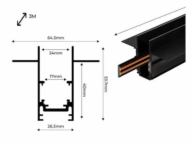 10 x inbouw magnetische rail – 20mm – 48v – 3 meter – zwart - afbeelding 5 van  5