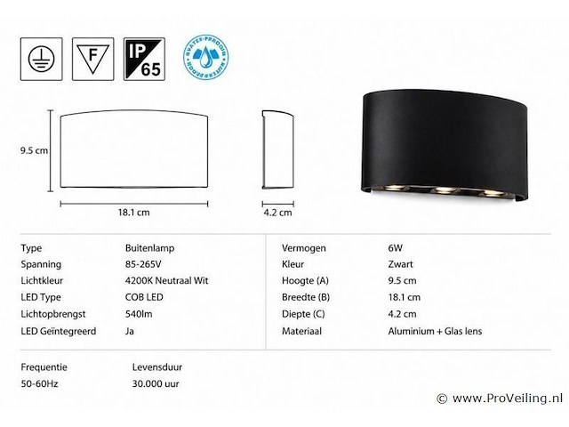 10 x led buiten wandlamp – 6w – 4200k neutraal wit - zwart – ip65 – proton-6 - afbeelding 4 van  5
