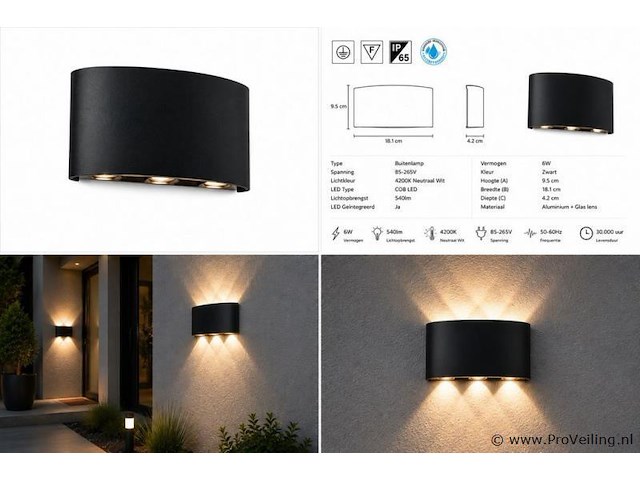 10 x led buiten wandlamp – 6w – 4200k neutraal wit - zwart – ip65 – proton-6 - afbeelding 5 van  5