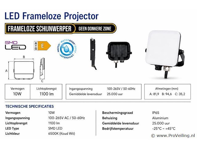 10 x led frameless floodlight 10w – 6400k koud wit – ip66 – pegasus-10 - afbeelding 4 van  5
