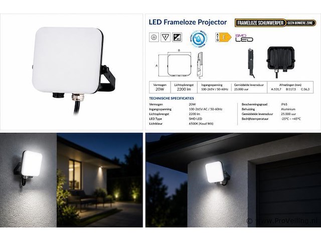 10 x led frameless floodlight 20w – 6400k koud wit – ip66 – pegasus-20 - afbeelding 5 van  5
