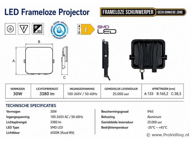 10 x led frameless floodlight 30w – 6400k koud wit – ip66 – pegasus-30 - afbeelding 4 van  5