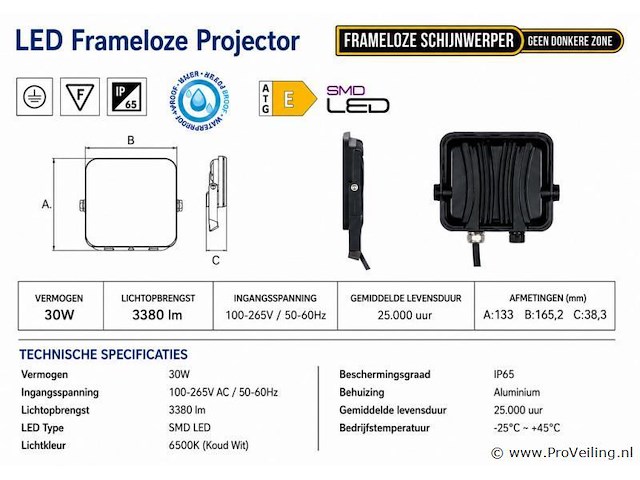 10 x led frameless floodlight 30w – 6400k koud wit – ip66 – pegasus-30 - afbeelding 4 van  5