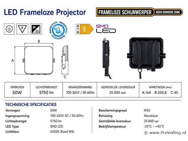 10 x led frameless floodlight 50w – 6400k koud wit – ip66 – pegasus-50 - afbeelding 4 van  5