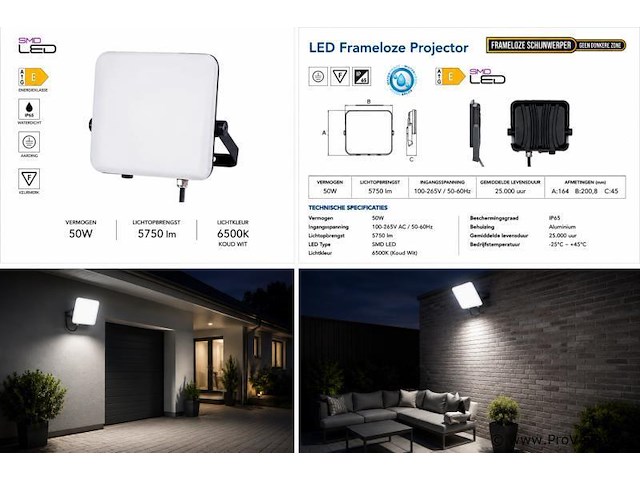 10 x led frameless floodlight 50w – 6400k koud wit – ip66 – pegasus-50 - afbeelding 5 van  5
