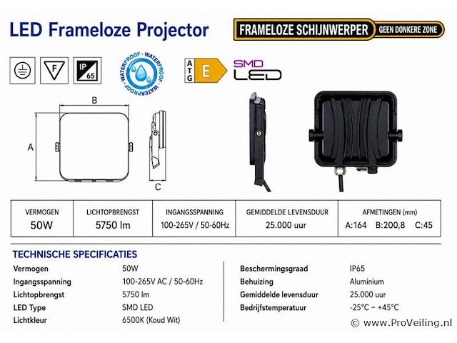 10 x led frameless floodlight 50w – 6400k koud wit – ip66 – pegasus-50 - afbeelding 4 van  5