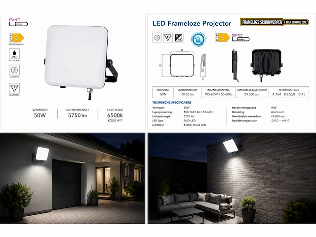 10 x led frameless floodlight 50w – 6400k koud wit – ip66 – pegasus-50 - afbeelding 5 van  5