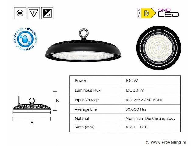 10 x led highbay ufo – 100w – 6400k koud wit – ip65 – agora-100 - afbeelding 4 van  5