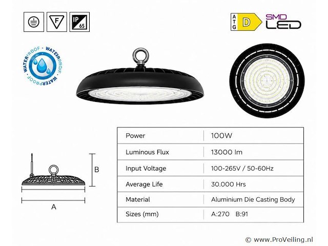 10 x led highbay ufo – 100w – 6400k koud wit – ip65 – agora-100 - afbeelding 4 van  5