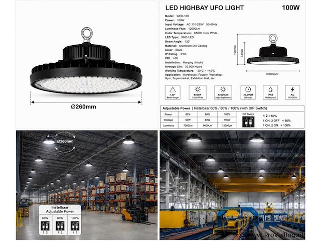 10 x led highbay ufo pro 100w – instelbaar 60% / 80% / 100% – 6500k – web-100 - afbeelding 6 van  6
