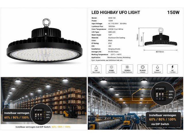 10 x led highbay ufo pro 150w – instelbaar 60% / 80% / 100% – 6500k – web-150 - afbeelding 6 van  6