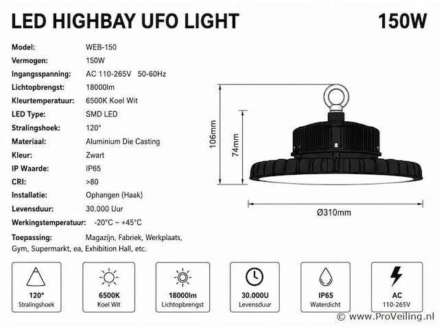 10 x led highbay ufo pro 150w – instelbaar 60% / 80% / 100% – 6500k – web-150 - afbeelding 5 van  6