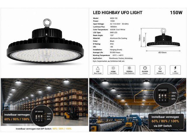 10 x led highbay ufo pro 150w – instelbaar 60% / 80% / 100% – 6500k – web-150 - afbeelding 6 van  6