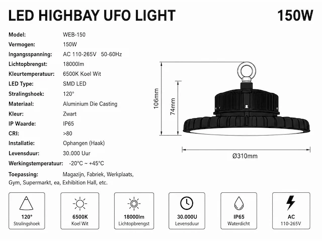 10 x led highbay ufo pro 150w – instelbaar 60% / 80% / 100% – 6500k – web-150 - afbeelding 5 van  6