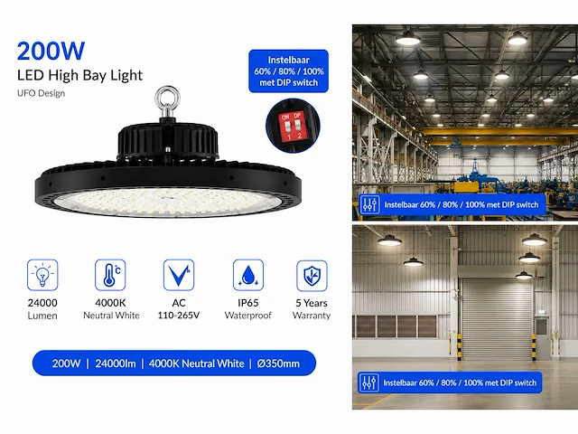 10 x led highbay ufo pro 200w – instelbaar 60% / 80% / 100% – 4000k – web-200 - afbeelding 3 van  5