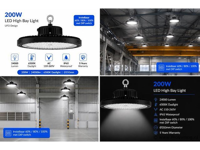 10 x led highbay ufo pro 200w – instelbaar 60% / 80% / 100% – 6500k – web-200 - afbeelding 6 van  6