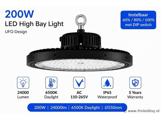 10 x led highbay ufo pro 200w – instelbaar 60% / 80% / 100% – 6500k – web-200 - afbeelding 3 van  6