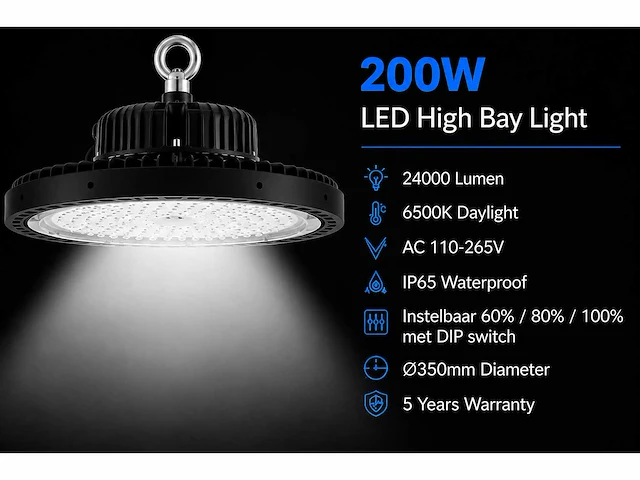 10 x led highbay ufo pro 200w – instelbaar 60% / 80% / 100% – 6500k – web-200 - afbeelding 1 van  6