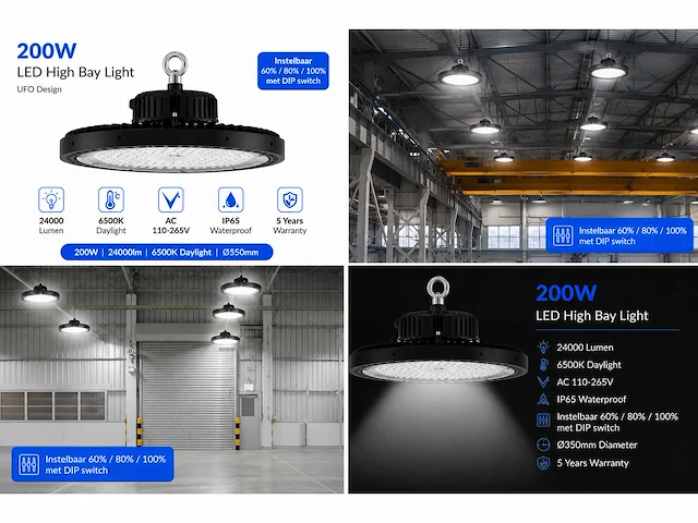 10 x led highbay ufo pro 200w – instelbaar 60% / 80% / 100% – 6500k – web-200 - afbeelding 6 van  6